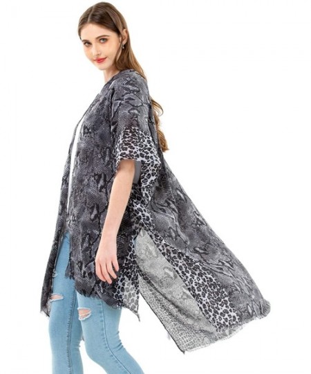 Cover-Ups Women's Kimono Lightweight Beach Cover Up Chiffon Cardigan Sun Protective Summer Dress Floral Blouse Beachwear - Bl...