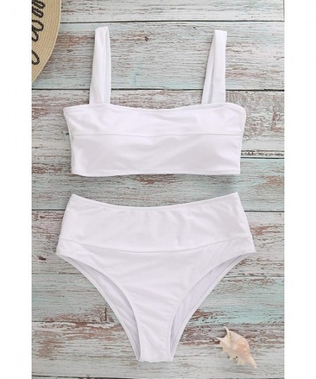 Sets Womens Bandeau Crop Top Bikini Set High Waisted Two Piece Swimsuit Padded Sports Bathing Suits - White Bikini - CZ194NZ7KYO