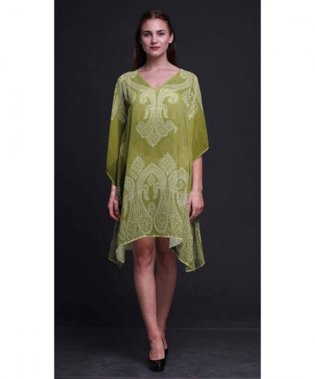 Cover-Ups Black Floral & Paisley Ladies Plus Size Kaftan Summer Wear Beach Coverup Kimono Kaftan - Olive Green - CE18N7XM3QZ