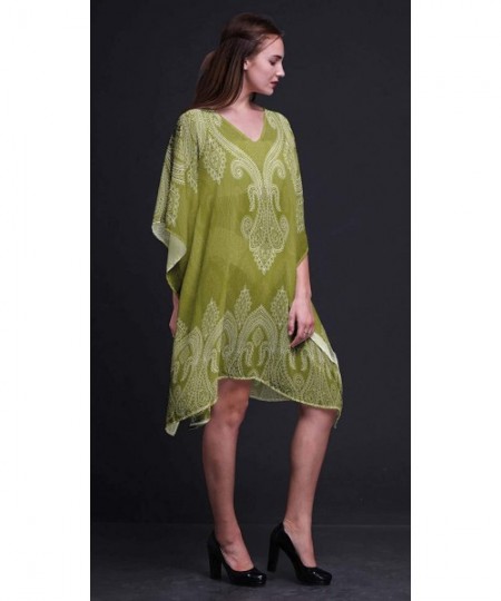 Cover-Ups Black Floral & Paisley Ladies Plus Size Kaftan Summer Wear Beach Coverup Kimono Kaftan - Olive Green - CE18N7XM3QZ