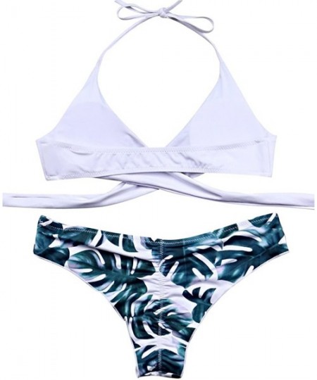 Sets Women Front Cross Halter Push up Bikini Floral Bottom 2 Piece Cute Swimsuits - Green - C418CRT886E