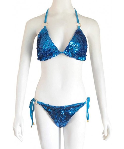 Sets Swimwear for Womens- Sexy Swimming Two Piece Sequin Rhinestone Crystal Diamond Push-up Set Swimsuit Bikini - Blue - C318...