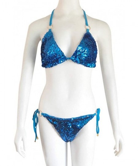 Sets Swimwear for Womens- Sexy Swimming Two Piece Sequin Rhinestone Crystal Diamond Push-up Set Swimsuit Bikini - Blue - C318...