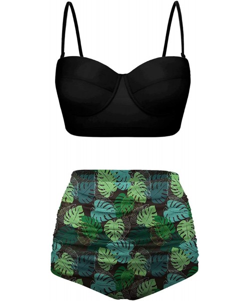 Sets Classic Abstract Tropical Monstera Leaf Seamless Pattern Bikini Set - Black-1 - CM196D8D9G4