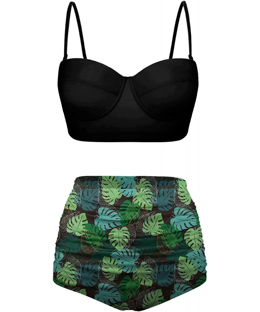 Sets Classic Abstract Tropical Monstera Leaf Seamless Pattern Bikini Set - Black-1 - CM196D8D9G4