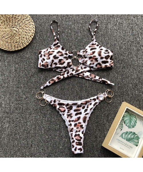 Sets Women's Printed Bikini Set Two Piece Swimsuit Leopard Swimwear Thong Bikini Strappy Bikini O Ring Bikini Leopard - CK18U...