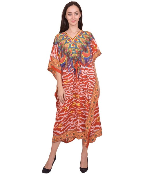 Cover-Ups Women Beach Caftan Kaftan Lounge Wear Hippy Boho Maxi Kimono Sleeve Long Dress - Orange-2 - C319E7SXRCA