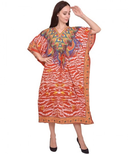 Cover-Ups Women Beach Caftan Kaftan Lounge Wear Hippy Boho Maxi Kimono Sleeve Long Dress - Orange-2 - C319E7SXRCA