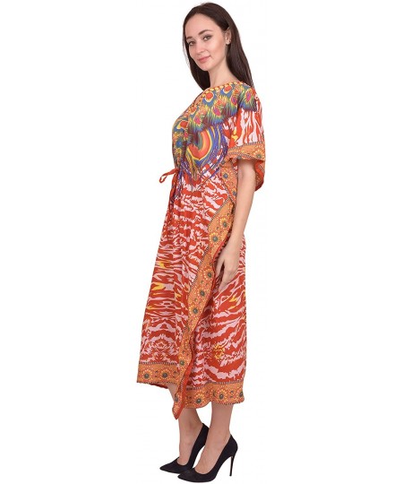 Cover-Ups Women Beach Caftan Kaftan Lounge Wear Hippy Boho Maxi Kimono Sleeve Long Dress - Orange-2 - C319E7SXRCA