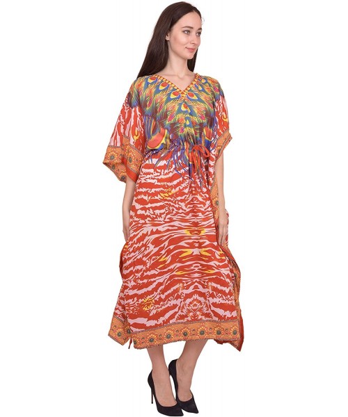 Cover-Ups Women Beach Caftan Kaftan Lounge Wear Hippy Boho Maxi Kimono Sleeve Long Dress - Orange-2 - C319E7SXRCA