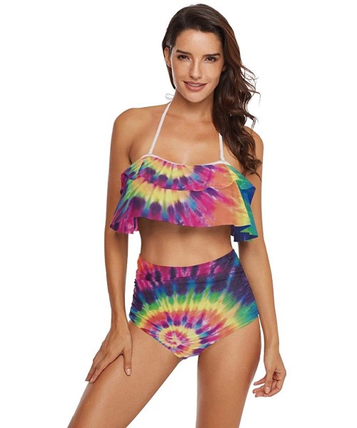 Sets Women Flounce High Waisted Bikini Set Halter Neck Two Piece Swimsuit School Librarian Day - Tie Dye Print - CV18XMT6G7M