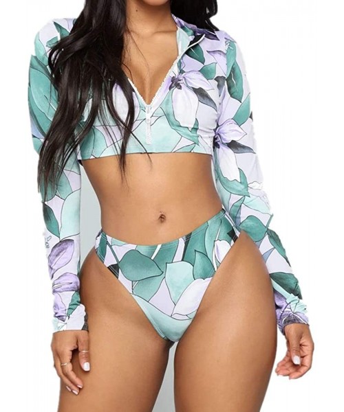 Sets Women Floral Long Sleeve Tie Side 2-Pieces Swimsuit Bathing Suit Swimwear - Zipper 3 - CN192R03LC0