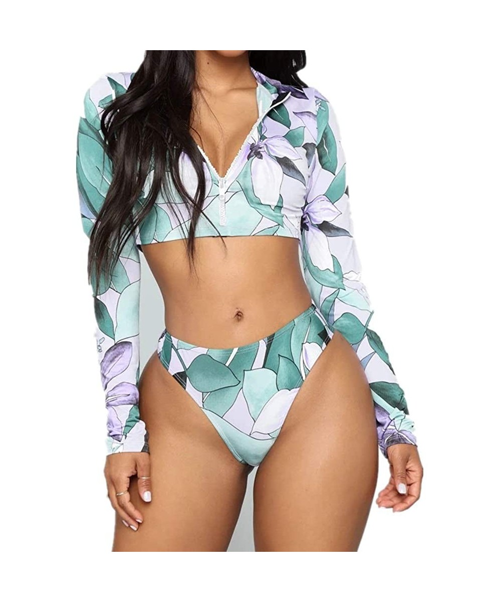 Sets Women Floral Long Sleeve Tie Side 2-Pieces Swimsuit Bathing Suit Swimwear - Zipper 3 - CN192R03LC0