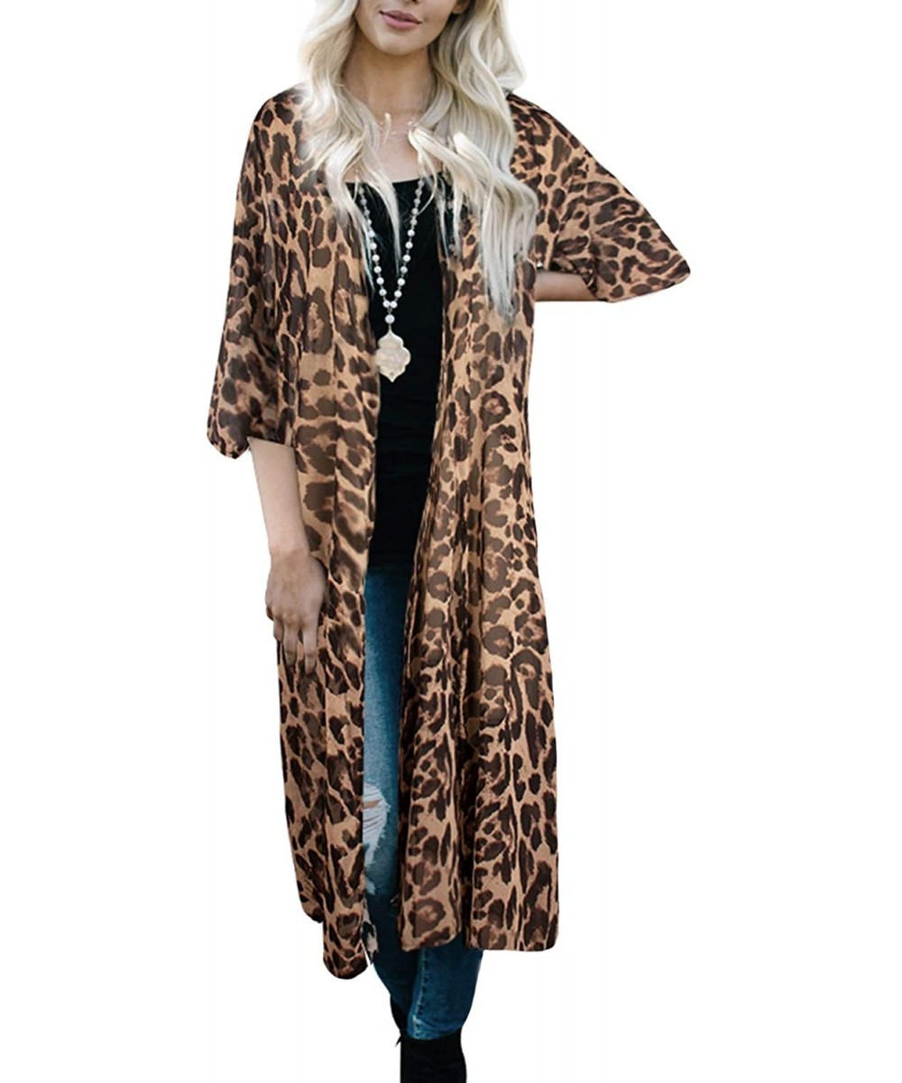 Cover-Ups Women's Swimsuit Cover up Beach Long Kimono Bathing Suit Chiffon Floral Cardigan - R-brown Leopard - CC18WM4X0HM