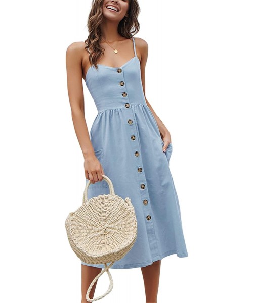 Cover-Ups Women's Casual Summer Floral Bohemian Spaghetti Button Down Dress - Light Blue 6 - CI18WLD2EA6