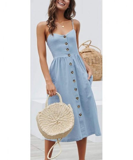 Cover-Ups Women's Casual Summer Floral Bohemian Spaghetti Button Down Dress - Light Blue 6 - CI18WLD2EA6