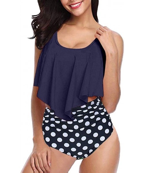 Sets Women Two Pieces Bathing Suits Top Ruffled Racerback High Waisted Bottom Tankini Set Swimwear - Navy A1 - CJ18OHQ0IQX