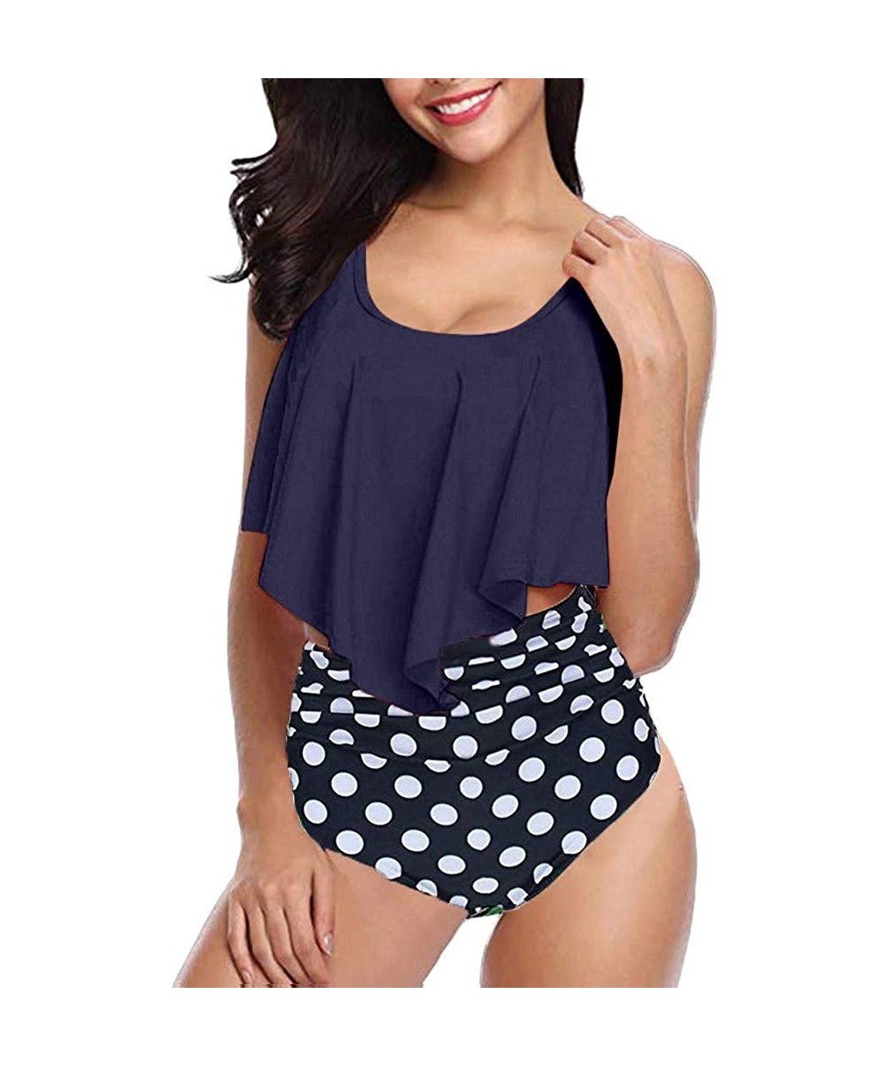 Sets Women Two Pieces Bathing Suits Top Ruffled Racerback High Waisted Bottom Tankini Set Swimwear - Navy A1 - CJ18OHQ0IQX