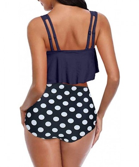 Sets Women Two Pieces Bathing Suits Top Ruffled Racerback High Waisted Bottom Tankini Set Swimwear - Navy A1 - CJ18OHQ0IQX