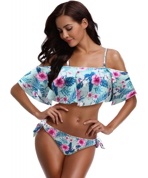 Sets Women's Padded Flounce Halter Bikini Set Ruffled Two Piece Off Shoulder Bandeau Swimsuit - Printed Floral - CE18HO6TTTM