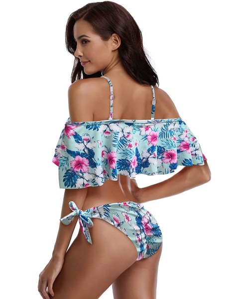 Sets Women's Padded Flounce Halter Bikini Set Ruffled Two Piece Off Shoulder Bandeau Swimsuit - Printed Floral - CE18HO6TTTM