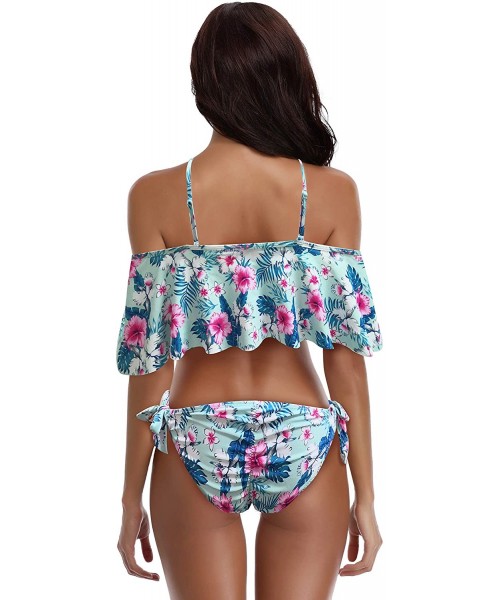 Sets Women's Padded Flounce Halter Bikini Set Ruffled Two Piece Off Shoulder Bandeau Swimsuit - Printed Floral - CE18HO6TTTM