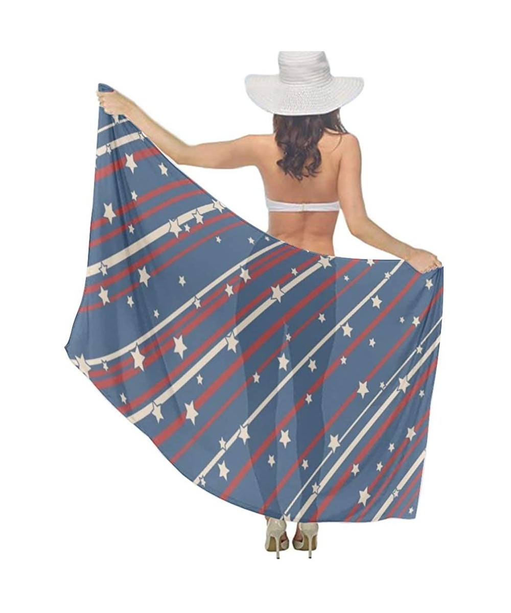 Cover-Ups Women Summer Chiffon Sarongs Beach Swimsuit Bikini Cover Up Shawl Wrap - Usa Patriotic Stars and Stripes - CB196SKYO5R