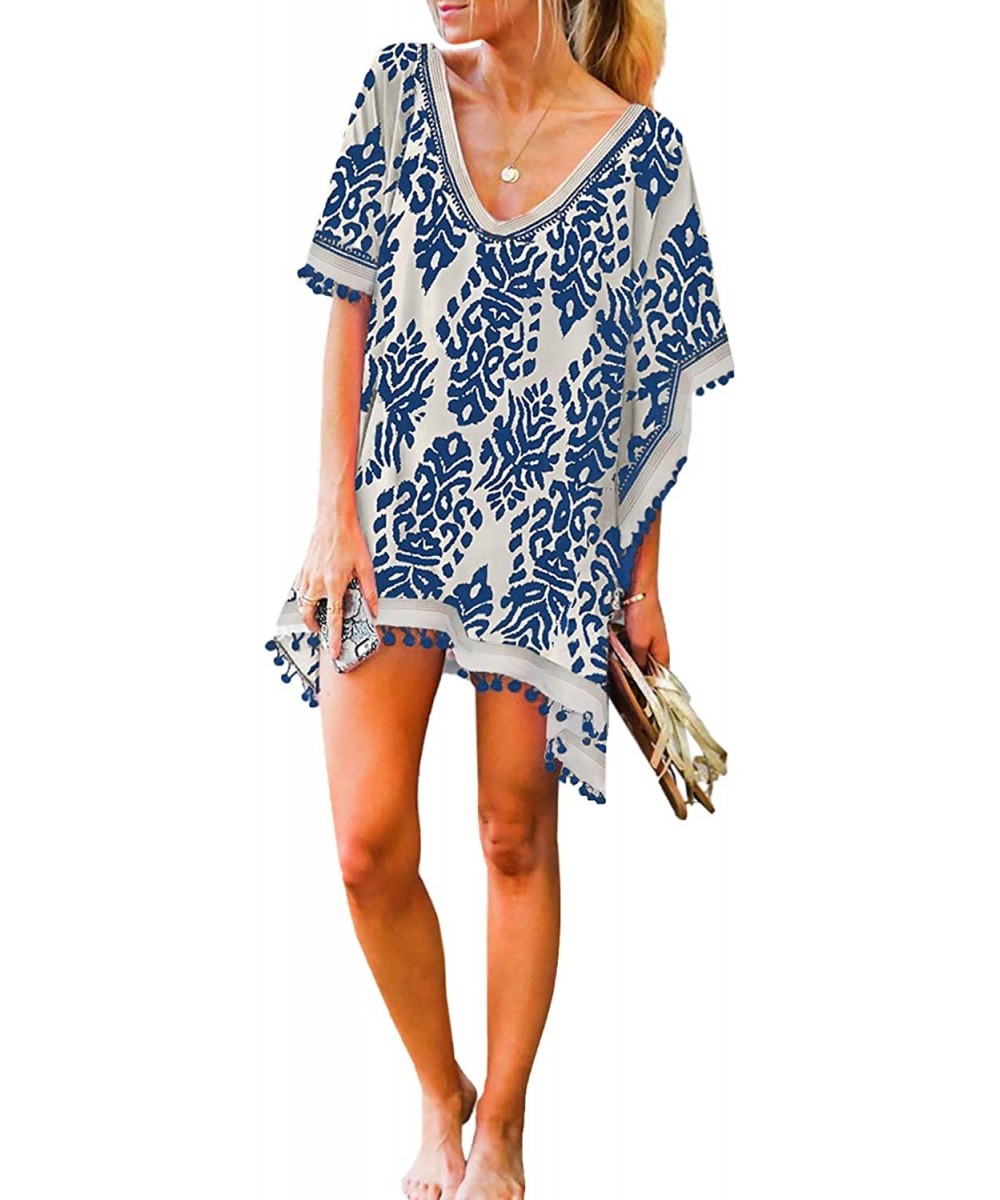 Cover-Ups Womens Printed V Neck Pom Pom Tassel Cover Up Beach Dress - Blue - CZ1945ATWYA