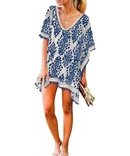 Cover-Ups Womens Printed V Neck Pom Pom Tassel Cover Up Beach Dress - Blue - CZ1945ATWYA