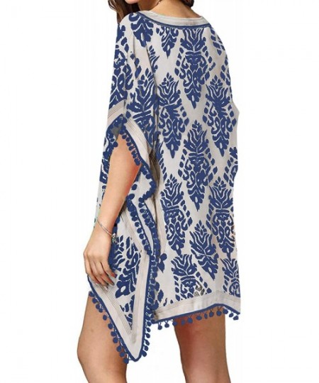 Cover-Ups Womens Printed V Neck Pom Pom Tassel Cover Up Beach Dress - Blue - CZ1945ATWYA