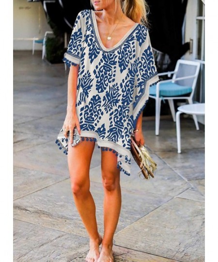 Cover-Ups Womens Printed V Neck Pom Pom Tassel Cover Up Beach Dress - Blue - CZ1945ATWYA