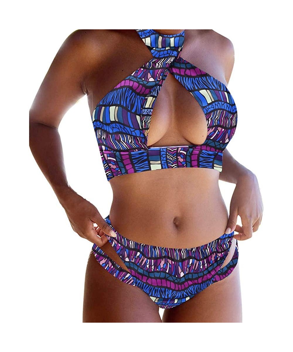 Sets Women Bathing Suit Two Piece Tribal Bikini Cut Out Halter Bra Top Totems Dashiki - Blue - CI19DW3ILMY