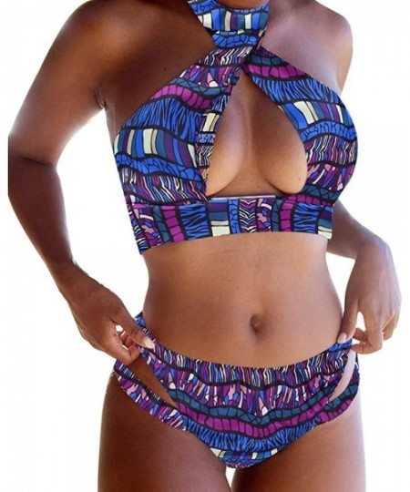 Sets Women Bathing Suit Two Piece Tribal Bikini Cut Out Halter Bra Top Totems Dashiki - Blue - CI19DW3ILMY