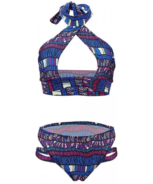 Sets Women Bathing Suit Two Piece Tribal Bikini Cut Out Halter Bra Top Totems Dashiki - Blue - CI19DW3ILMY