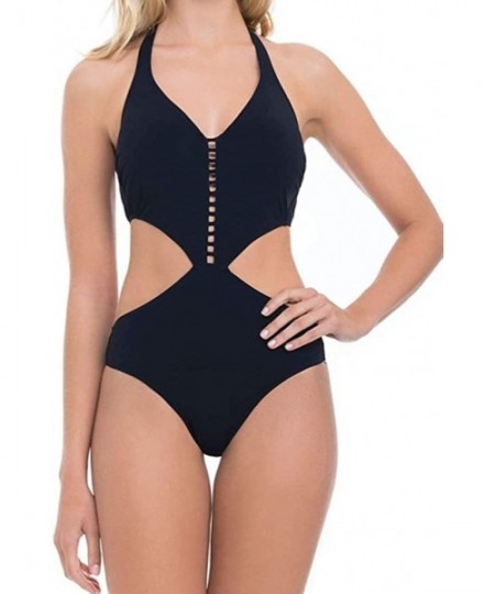 One-Pieces Women's Halter Monokini One Piece Swimsuit - Cocktail Party Black - CE126MGACZT