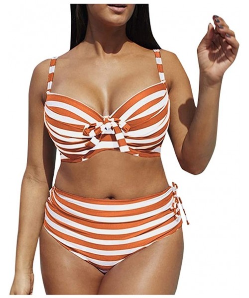 Sets Plus Size Sexy Stripe High Waist Bandage Bikini Sets Chic Swimsuit Retro Bathing Suit - Orange - C5194C0QSU5