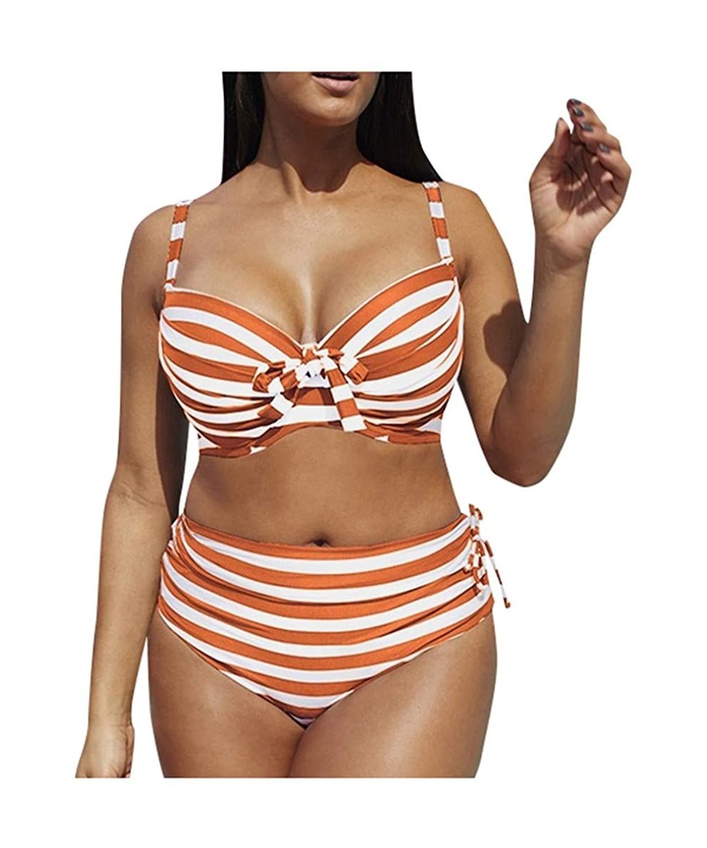 Sets Plus Size Sexy Stripe High Waist Bandage Bikini Sets Chic Swimsuit Retro Bathing Suit - Orange - C5194C0QSU5