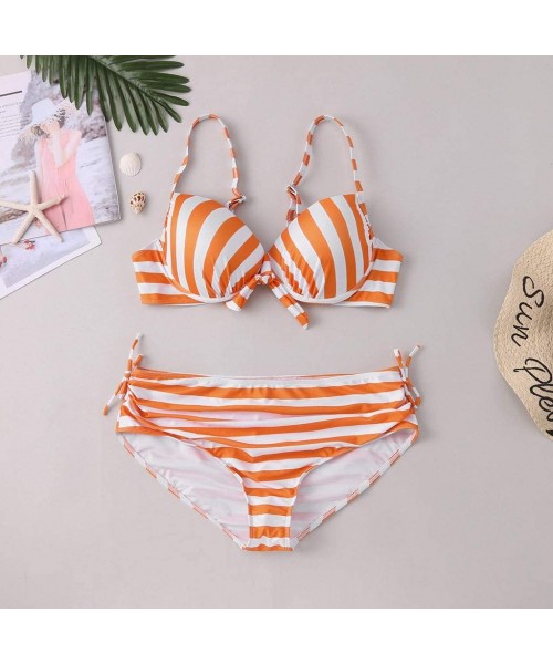 Sets Plus Size Sexy Stripe High Waist Bandage Bikini Sets Chic Swimsuit Retro Bathing Suit - Orange - C5194C0QSU5