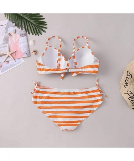 Sets Plus Size Sexy Stripe High Waist Bandage Bikini Sets Chic Swimsuit Retro Bathing Suit - Orange - C5194C0QSU5