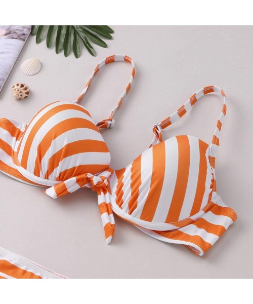 Sets Plus Size Sexy Stripe High Waist Bandage Bikini Sets Chic Swimsuit Retro Bathing Suit - Orange - C5194C0QSU5