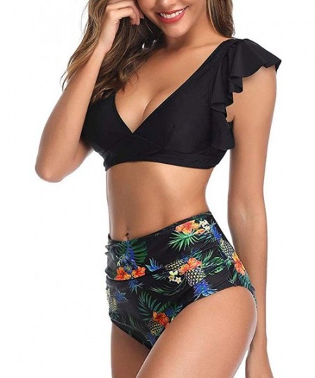 Racing Women's Flounce Swimsuit Two Piece Floral High Waisted Shirred Bikini Set Tie Front Short Sleeve Top Ruffle Swimsuit -...