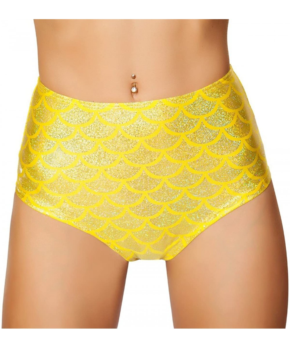 Bottoms Women's Ravewear Festival Poolside-Mermaid Print High Waisted Shorts with Puckered Back - Yellow - CW12GNO5CZ1