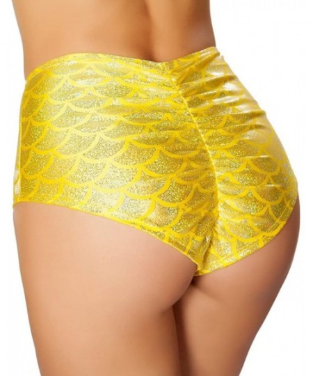 Bottoms Women's Ravewear Festival Poolside-Mermaid Print High Waisted Shorts with Puckered Back - Yellow - CW12GNO5CZ1