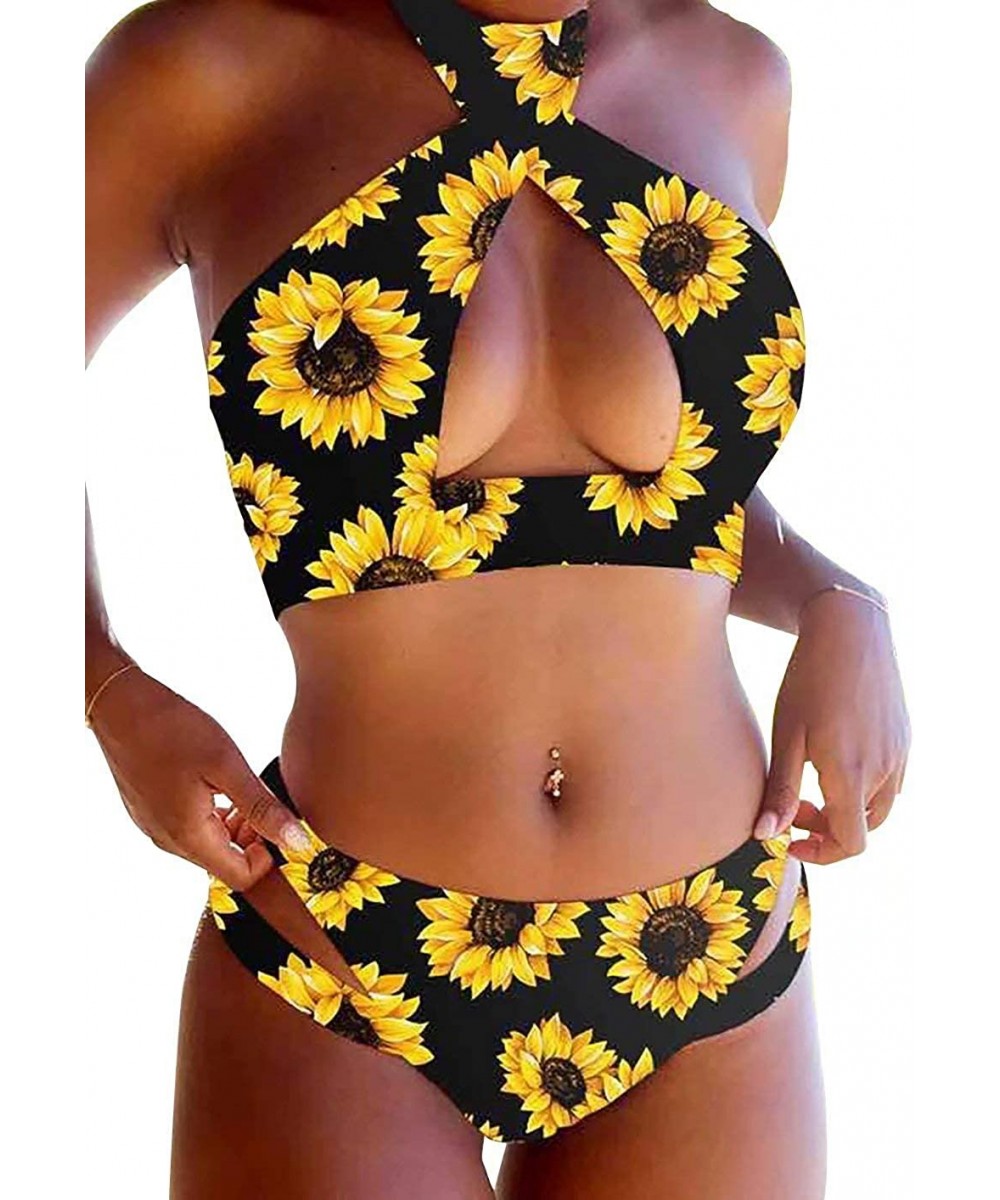 Sets Women Sexy V Deep Floral Print Cross Swimsuit Suit Two Pieces Bikini Sets Leopard Spaghetti Strap Swimsuit - CA1905UW8NU