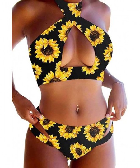 Sets Women Sexy V Deep Floral Print Cross Swimsuit Suit Two Pieces Bikini Sets Leopard Spaghetti Strap Swimsuit - CA1905UW8NU