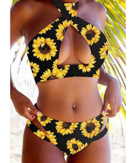 Sets Women Sexy V Deep Floral Print Cross Swimsuit Suit Two Pieces Bikini Sets Leopard Spaghetti Strap Swimsuit - CA1905UW8NU