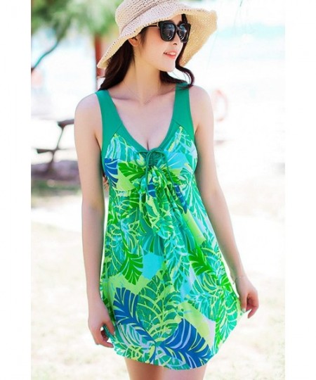 Cover-Ups Women's One Piece Printed Mesh Beach Swim Dress Bow-Knot - Blue - CI12DATD2JT