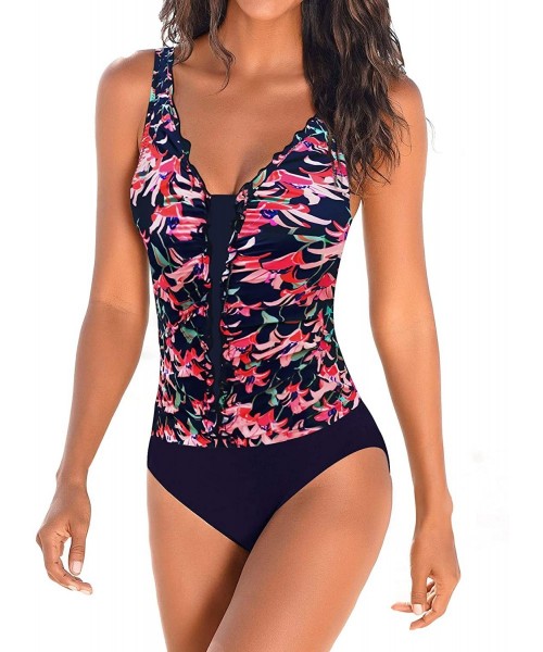 One-Pieces Women's Retro One Piece Swimsuits Printed V Neck Slimming Bathing Suits Tummy Control Swimwear Plus Size Floral Re...