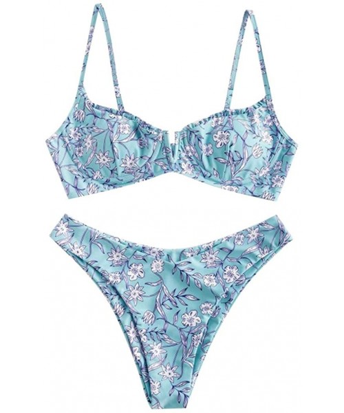 Sets Womens Flower Print High Cut V Neck Two Pieces Bikini Swimwear Swimsuit Beachwear - B-blue - CK196MK3WN6