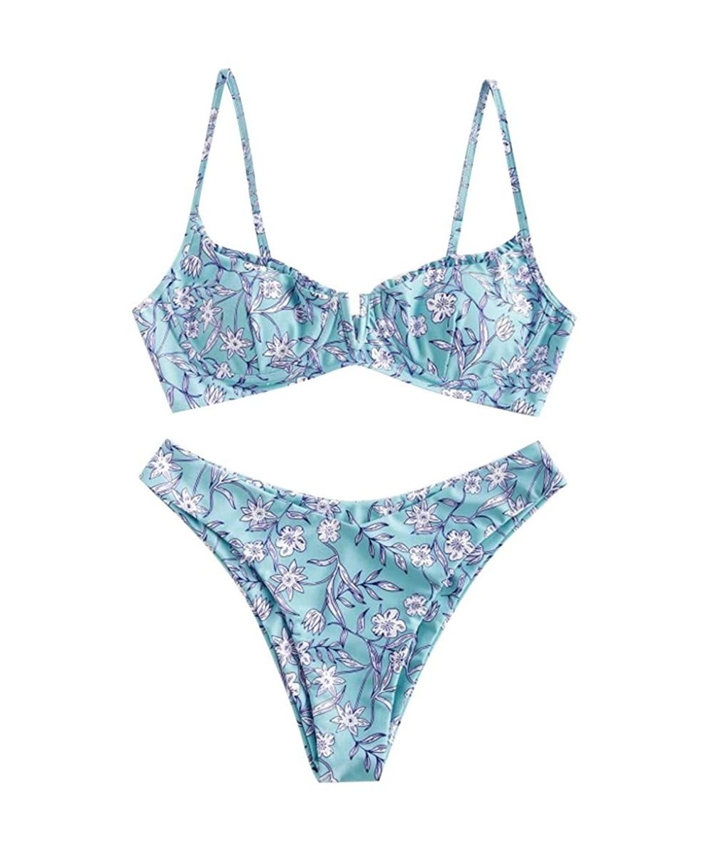 Sets Womens Flower Print High Cut V Neck Two Pieces Bikini Swimwear Swimsuit Beachwear - B-blue - CK196MK3WN6